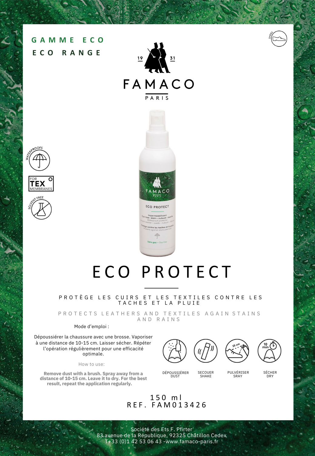 Fiche produit du spray imperméabilisant Eco Protect de marque Famaco